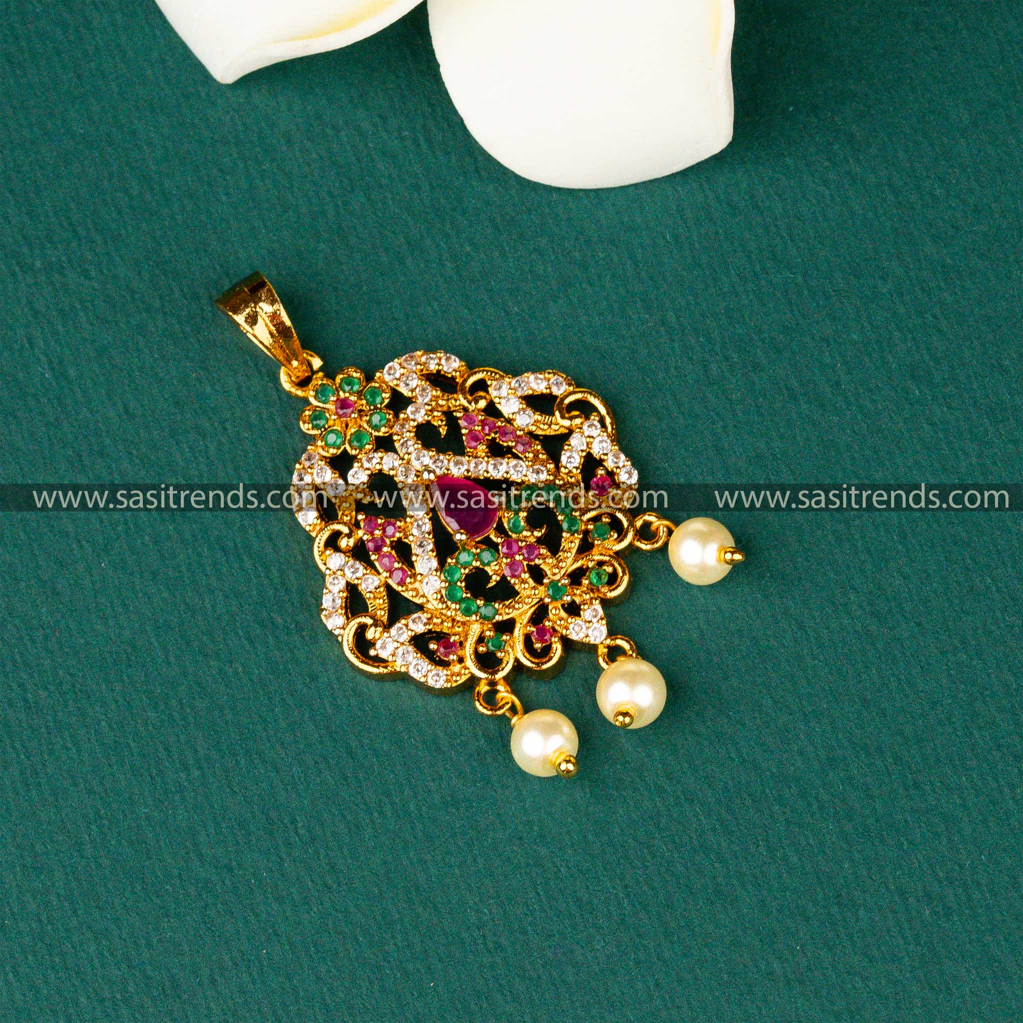 Traditional Wear Matt Gold Plated Flower Designer AD Stone Small Pendant 