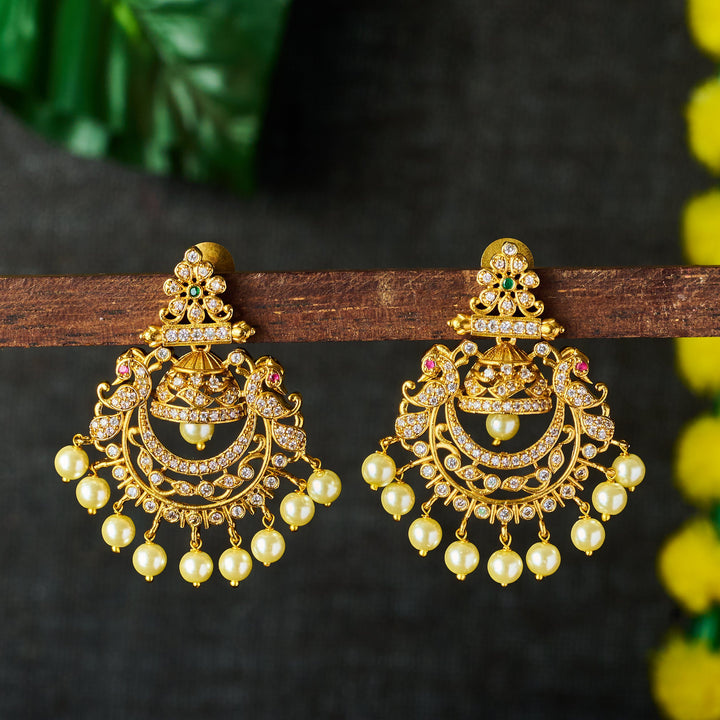 Radiant Temple Matte Gold Plated Peacock Design Multi-color AD Stone Pearl Chandbali Earrings | Sasitrends