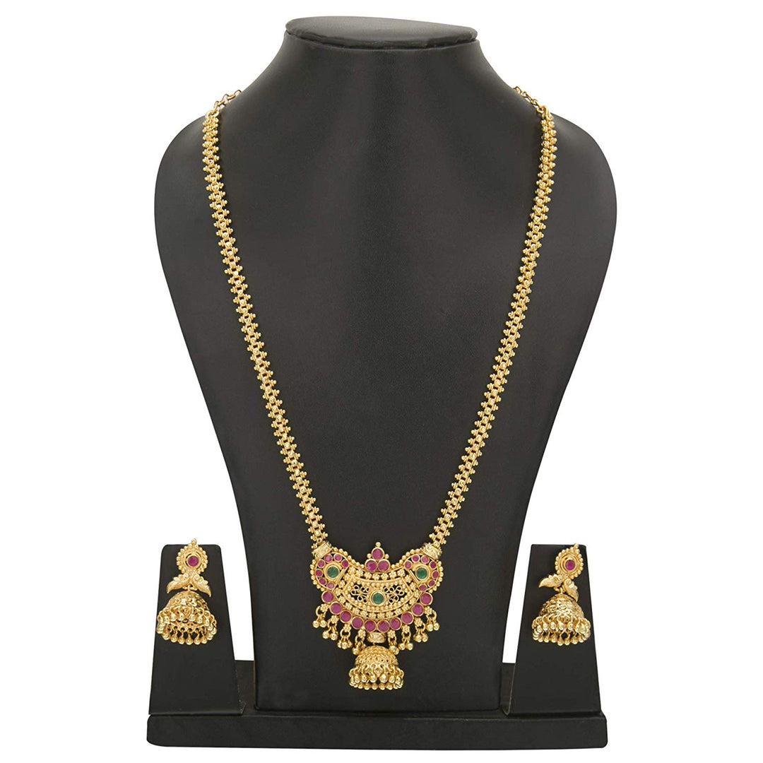 Trendy Micro Gold Plated Pendant Gajiri Chain Necklace with Stones and Jhumkas – Traditional Wear Jewelry