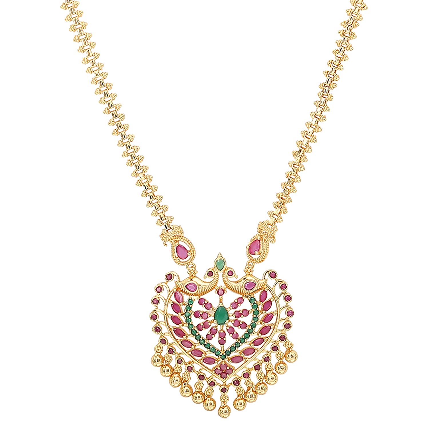 Micro Gold Plated Peacock Pendant Gajiri Chain Necklace with AD Stones and Hanging Bead Drops - Traditional Elegance