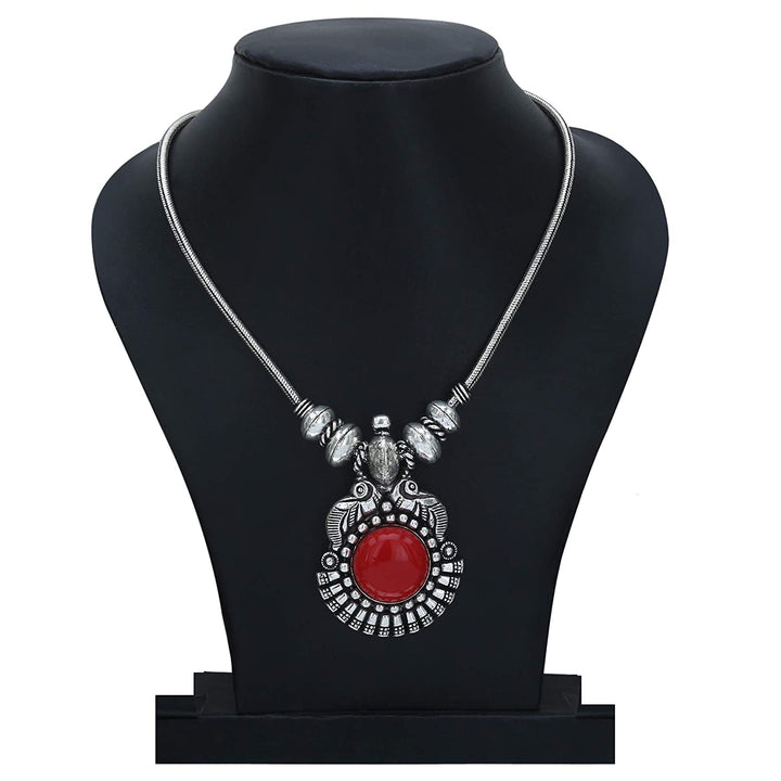 Elegant Oxidised Silver Red Stones Pendant Necklace Chain - Sasitrends