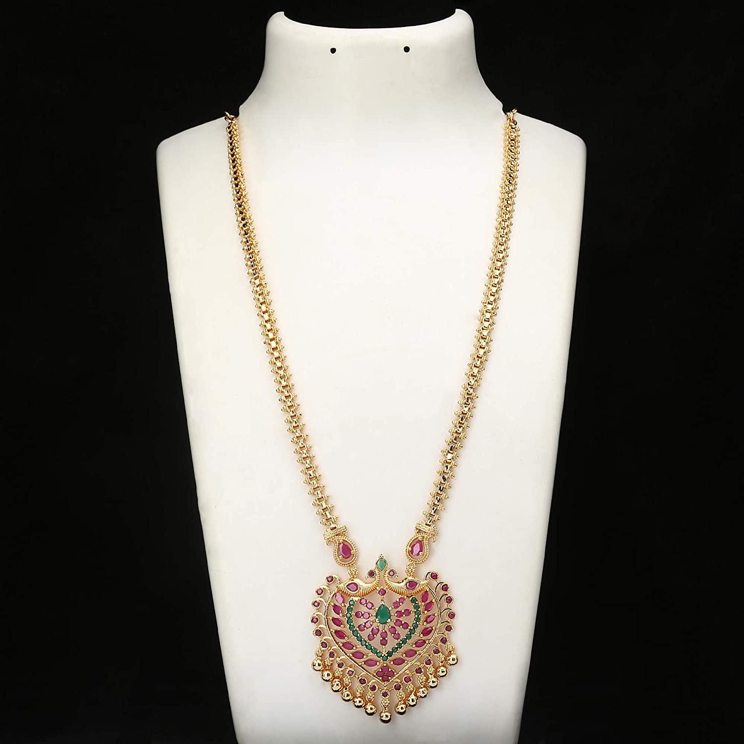 Micro Gold Plated Peacock Pendant Gajiri Chain Necklace with AD Stones