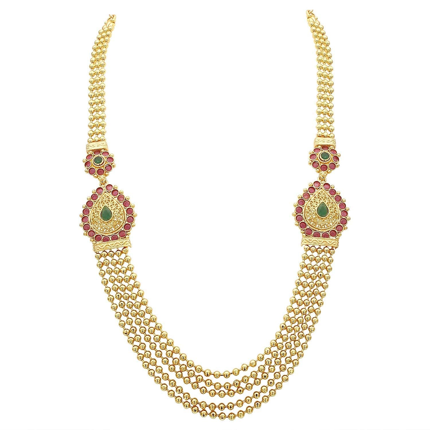 Exquisite Traditional Micro Gold-Plated Five-Layered Golden Bead Ball Chain Necklace with Mugappu Motif - Sasitrends