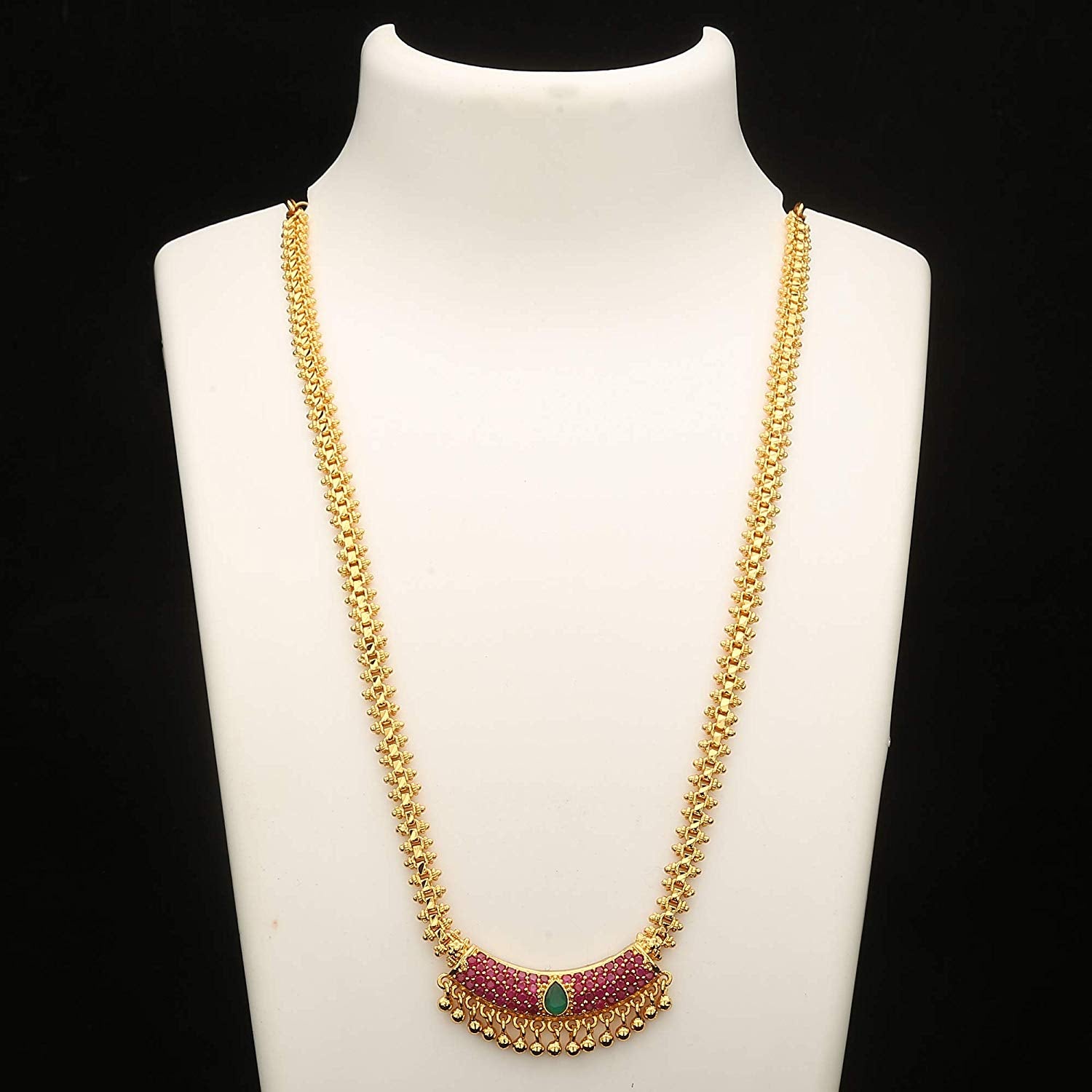 Traditional Gold Plated Necklace - Long Pendant with American Diamond Accents