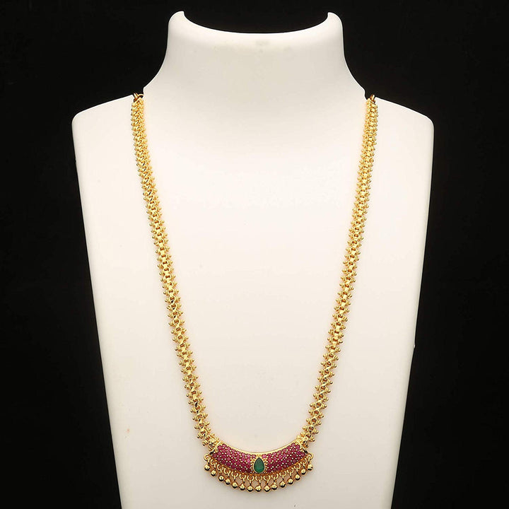 Traditional Gold Plated Necklace - Long Pendant with American Diamond Accents