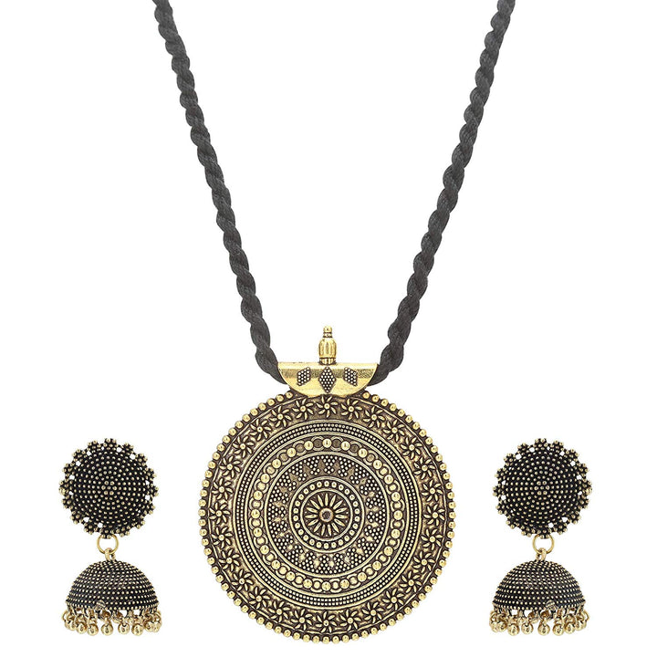 Sasitrends Oxidised Silver Pendant Thread Necklace with Big Jhumka Jewellery Set for Women and Girls