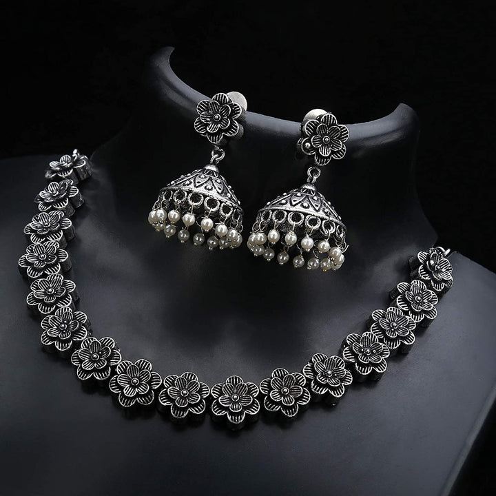 Oxidised Silver Flower Choker Necklace with Jhumkas Jewellery Set - Sasitrends