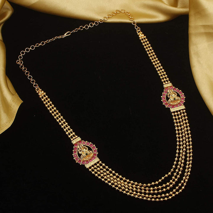 Divine Elegance: Micro Gold Plated Lakshmi Mugappu Necklace with Five-Layered Golden Bead