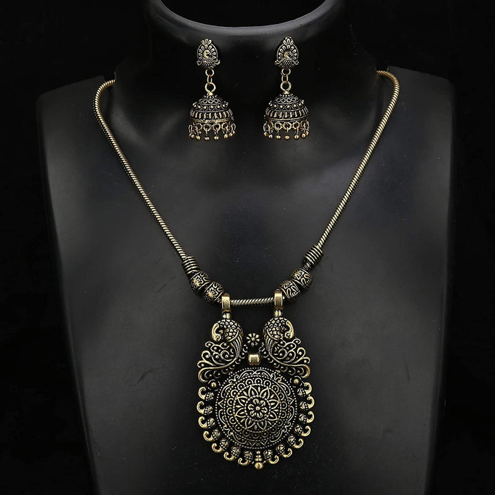 Oxidised Peacock Design Gold Pendant Jewellery Set - Sasitrends