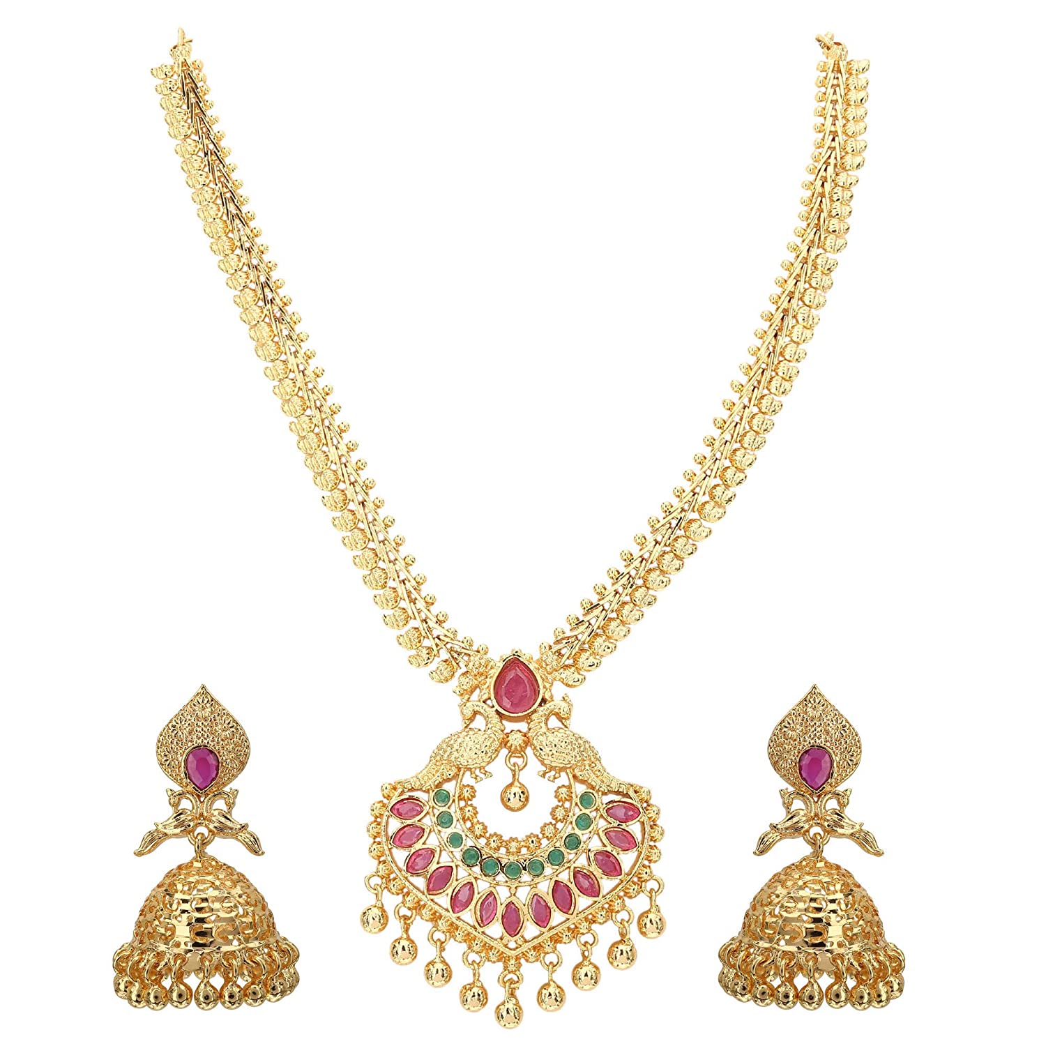 Traditional Micro Gold Plated Peacock Pendant Mango Necklace Set with AD Stones