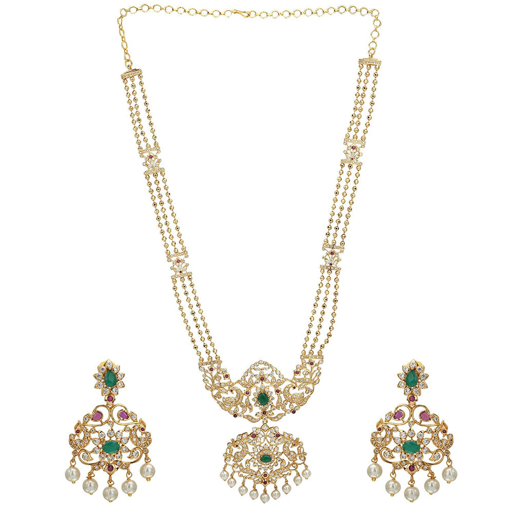 Peacock Floral Dual Pendant Micro Gold-Plated Necklace Set with Three Layers of Golden Beads and Pearl Earrings