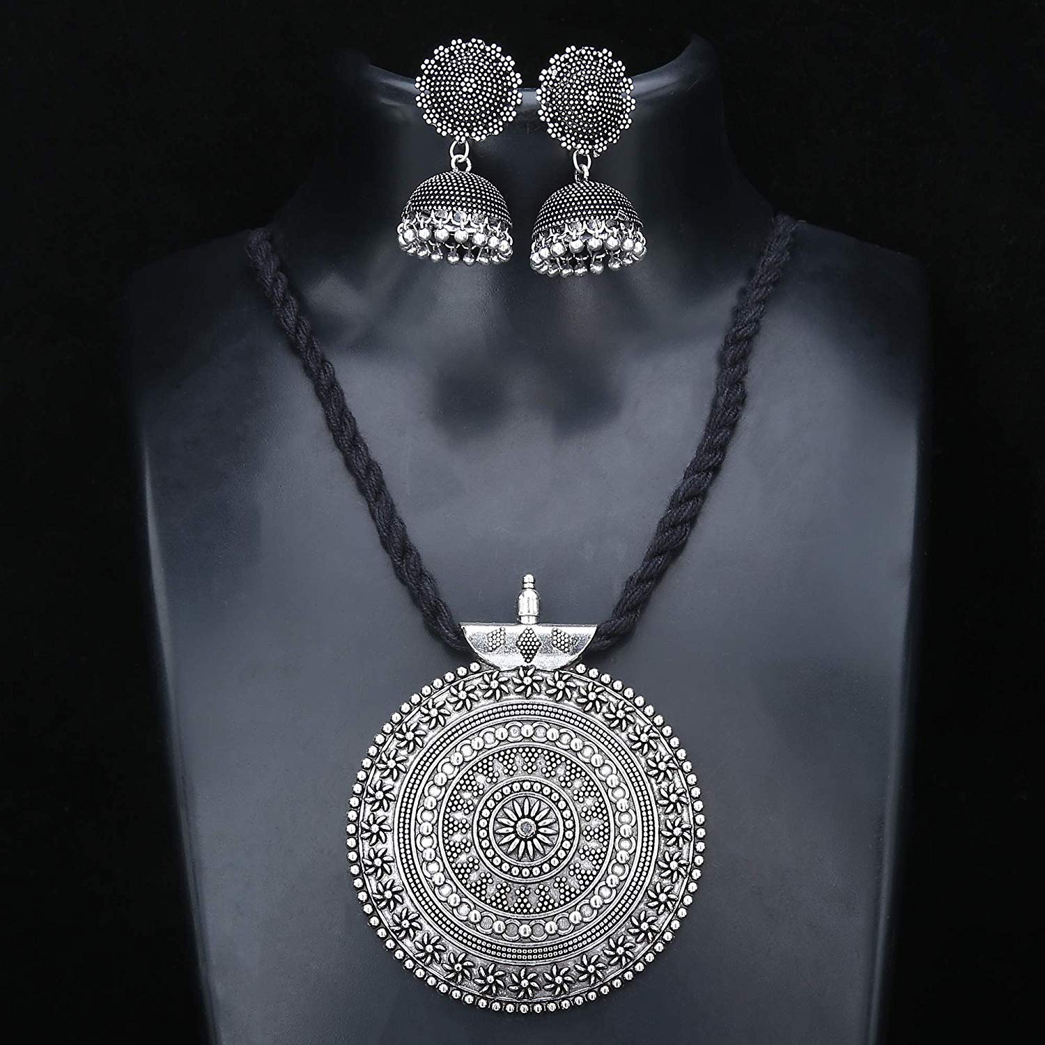 Black Thread with Silver Pendant Necklace Set For Women