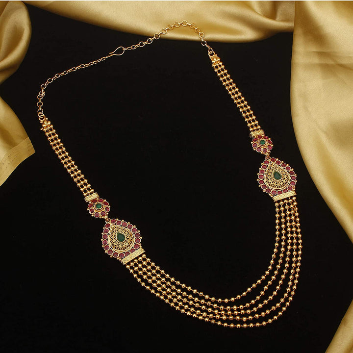 Traditional Micro Gold-Plated Necklace with Mugappu Motif – Five-Layered Golden Bead Chain, Thilak Pattern, AD Stones