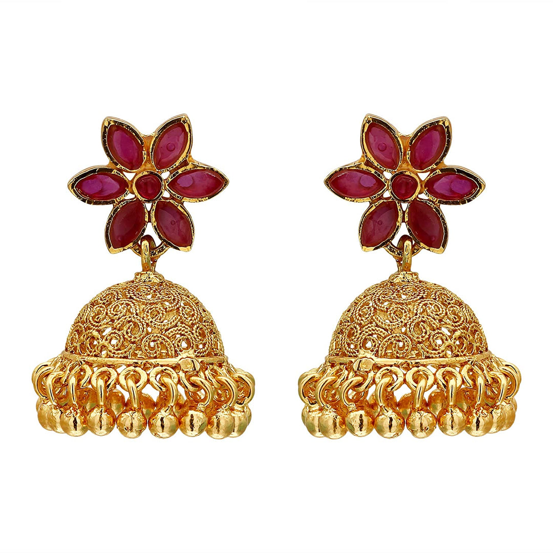 Micro Gold Plated Ruby Color Stone Jhumkas: Trendy Traditional Wear for Women