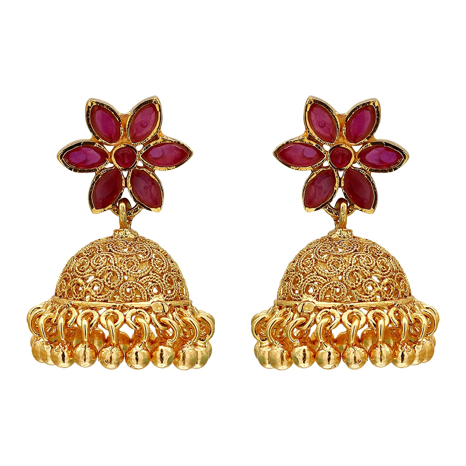 Micro Gold Plated Ruby Color Stone Jhumkas: Trendy Traditional Wear for Women