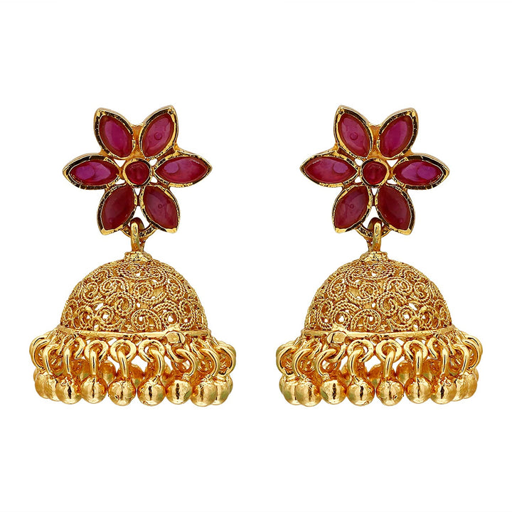 Micro Gold Plated Ruby Color Stone Jhumkas: Trendy Traditional Wear for Women