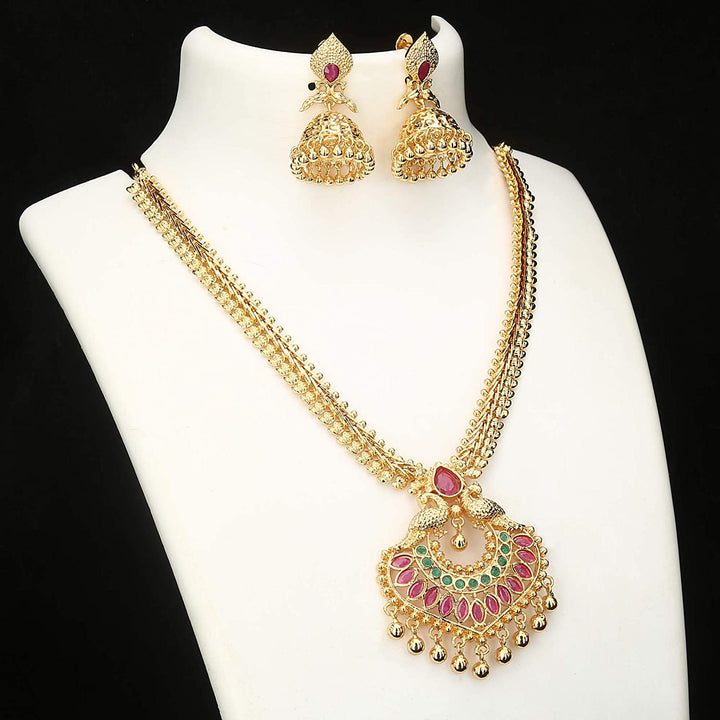 Traditional Micro Gold Plated Peacock Pendant Mango Jewellery Set with Matching Jhumkas