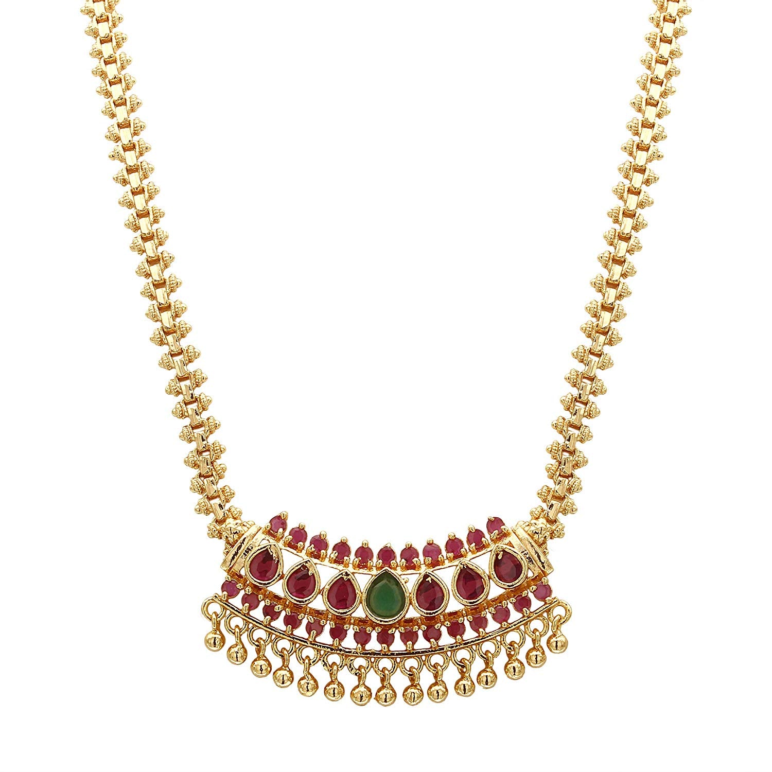 Micro Gold Plated Tear Drop Stones Pendant Gajiri Chain Necklace for Traditional Wear - Latest Collection