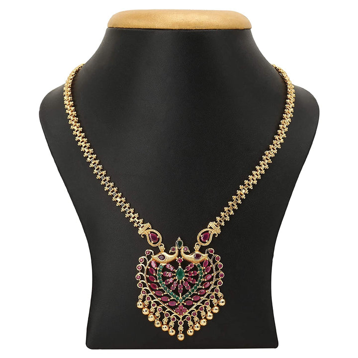 Micro Gold Plated Peacock Pendant Gajiri Chain Necklace with AD Stones