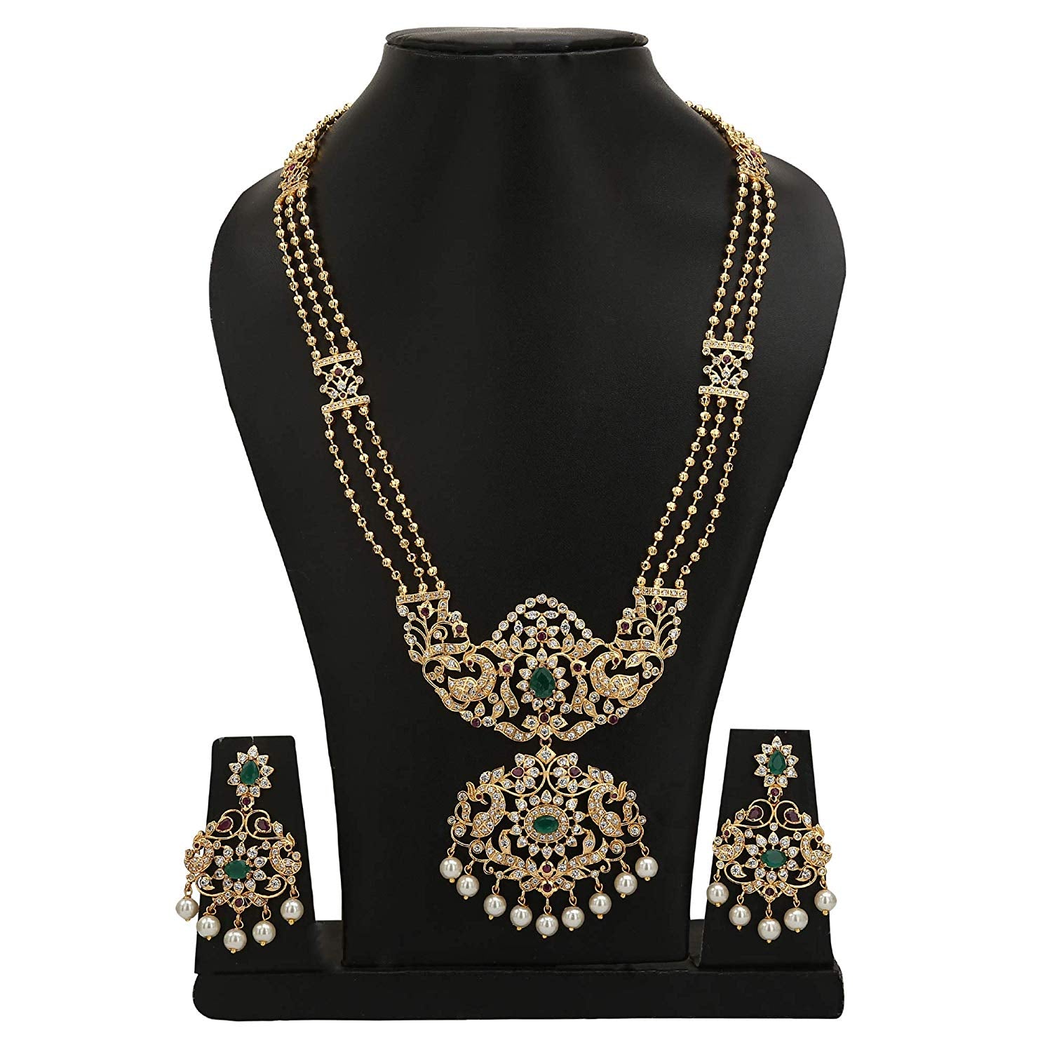 Trendy Peacock Floral Dual Pendant Gold-Plated Necklace Set | Three-Layered Bead Chain with Pearl Earrings