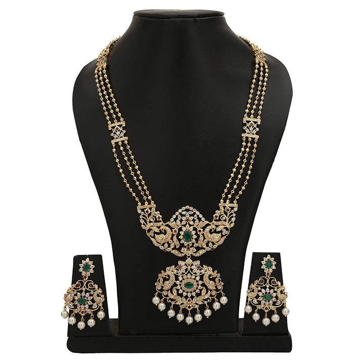 Exquisite Peacock Floral Dual Pendant Micro Gold Plated Long Jewellery Set with Three-Layered Bead Chain and Pearl Earrings