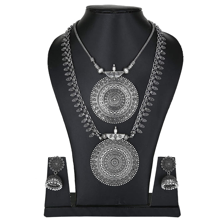 Niranjana Combo Jewellery Set with Long Haram, Short Pendant, Nayanthara Jhumka Earrings, and Ring