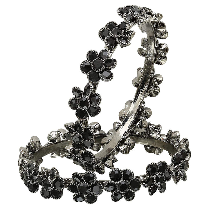 Black Oxidised Metal Flower Design Bangles - Sasitrends