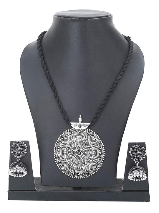 Black Thread with Oxidised German Silver Necklace Jewellery Set - Sasitrends