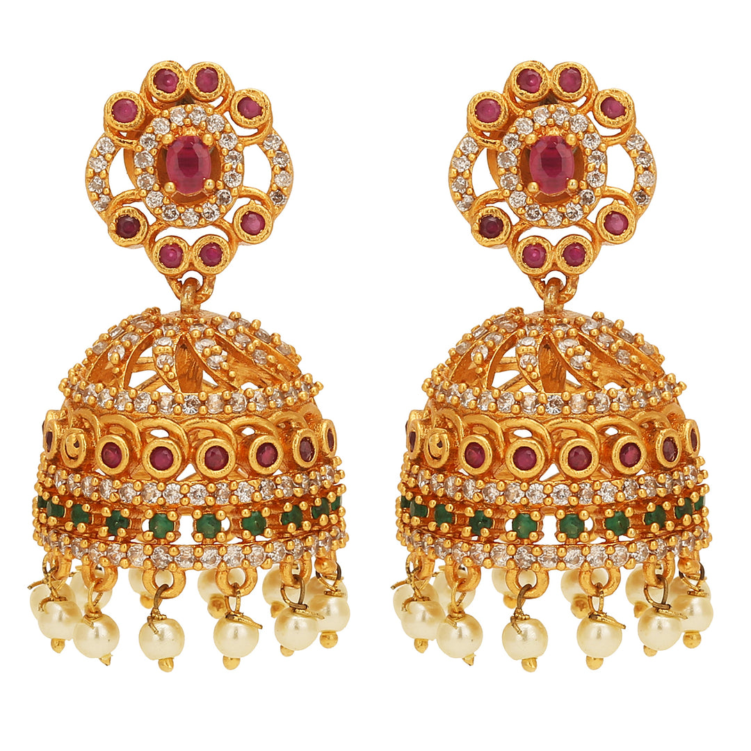 Traditional Contemporary Pearl Matte Gold Jhumka Earrings - Timeless elegance meets modern charm in this exquisite accessory