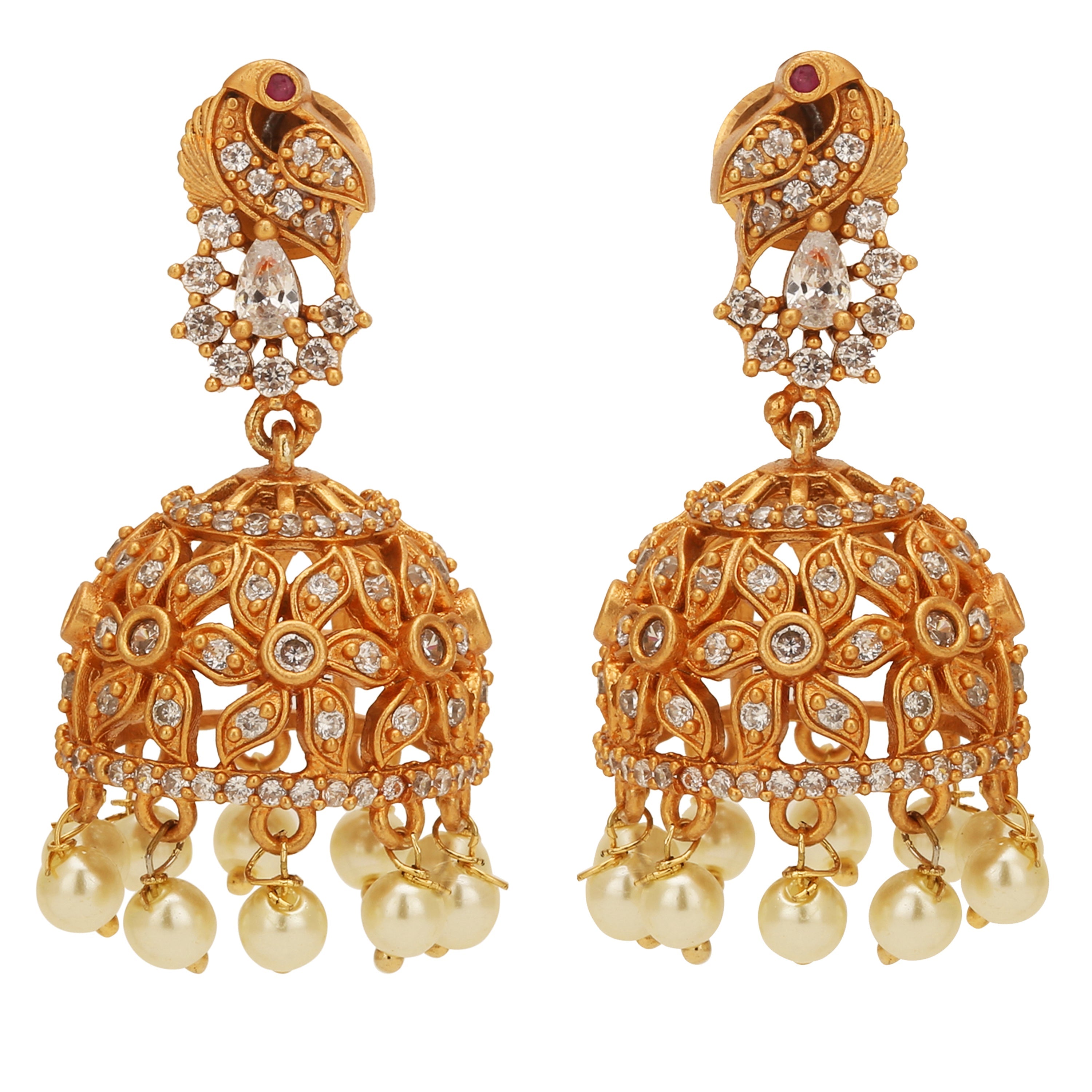 Close-up of Pearl Flower Peacock Jhumka Earrings featuring delicate pearls and intricate floral motifs