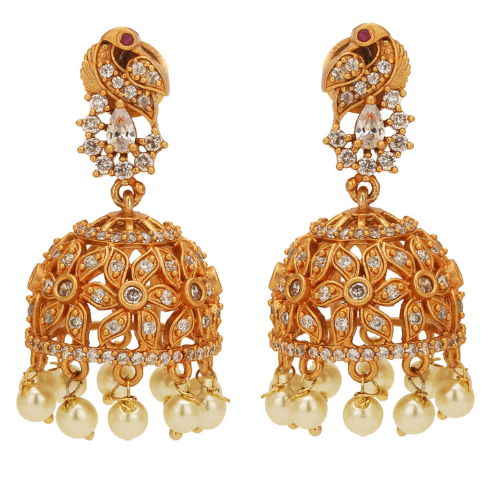 Close-up of Pearl Flower Peacock Jhumka Earrings featuring delicate pearls and intricate floral motifs