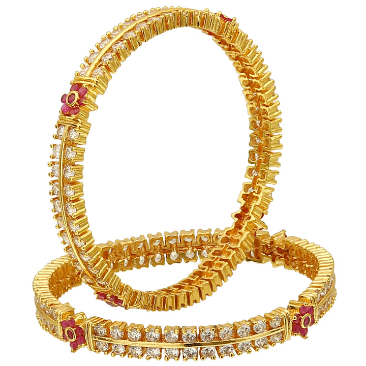 Exquisite Floral Motif Two-Line Micro Gold Plated American Diamond Bangles with 1-Year Guarantee