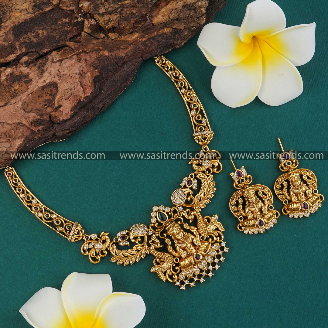 Bridal Lakshmi Necklace Set with Earrings - Matte Gold Finish