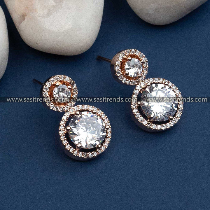 Trendy Royal Round Rose Gold Earrings with American Diamond Stones | Sasitrends