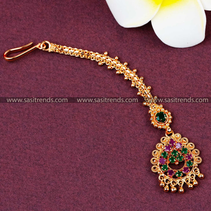 Elegant Micro Gold Plated Thilak Floral Pattern Maang Tikka with AD Stones | Sasitrends