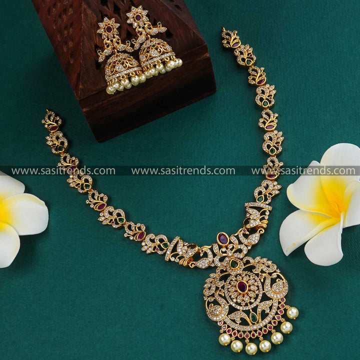 Latest Temple Matte Gold Plated Peacock & Flower Motifs Bridal Jewellery Set with Matching Jhumkas | Sasitrends