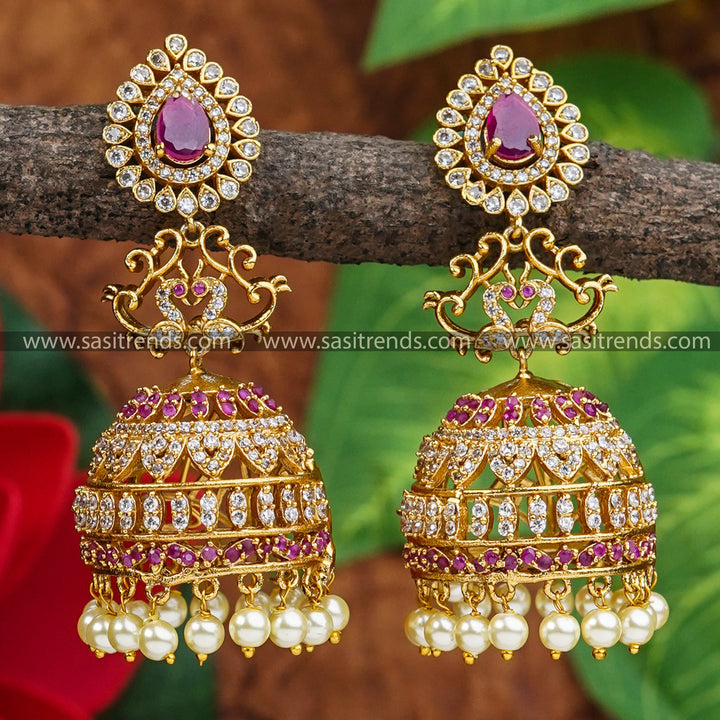 New Bridal Jhumka Earrings - Temple Matte Gold Plated with American Diamond Stones