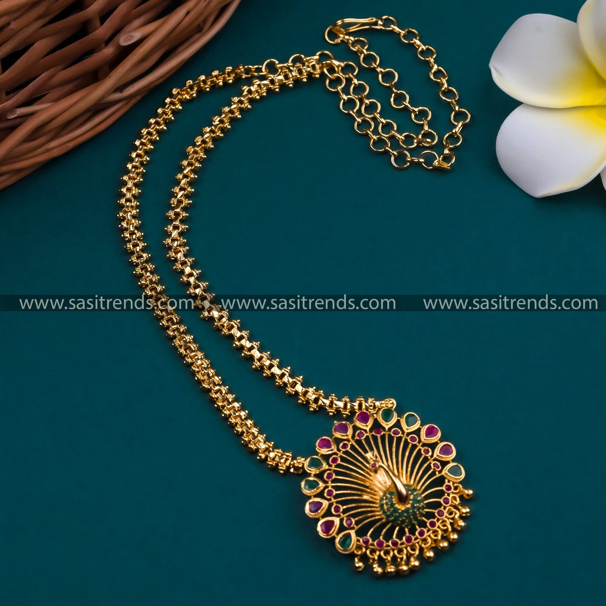 Micro Gold Plated Long Gajiri Chain with Peacock Pendant Featuring Ruby-Green AD Stones