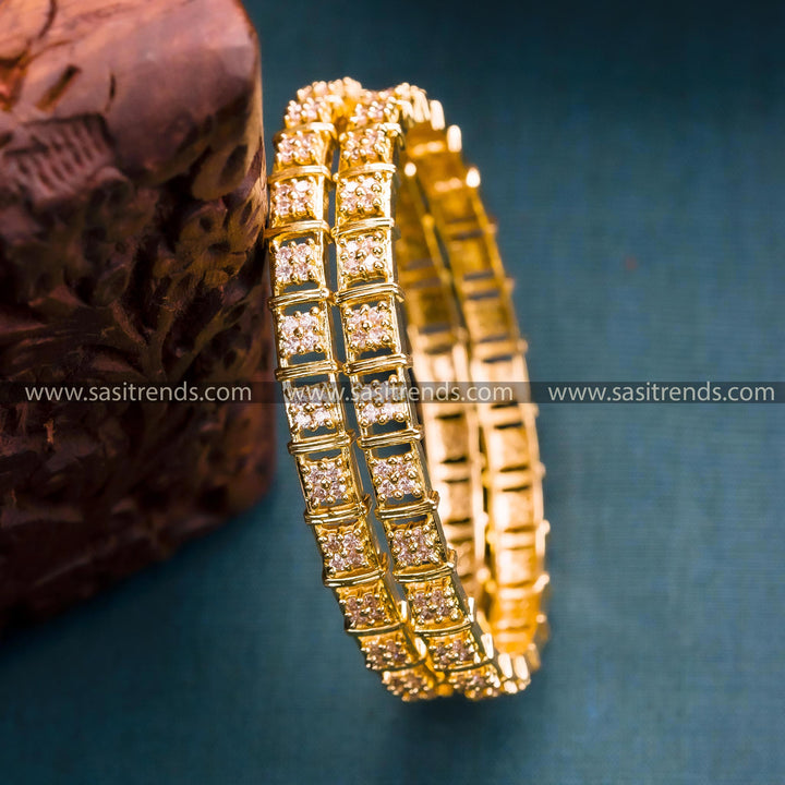 Trendy Traditional Floral Motif Micro Gold Plated Bangles Pair with White American Diamond Stones | Sasitrends