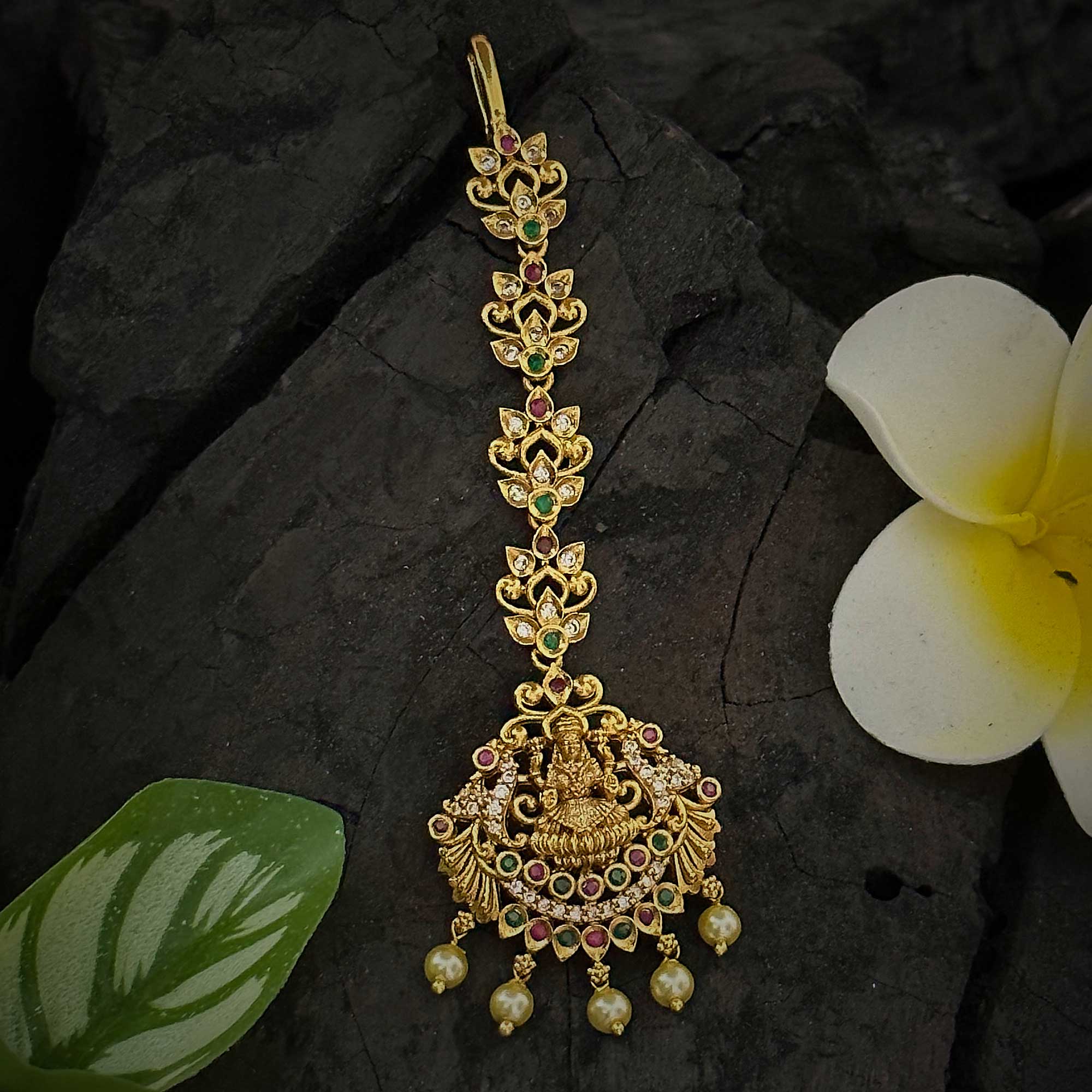 Lakshmi motif bridal maang tikka with Multi-Color AD stones and pearl drops