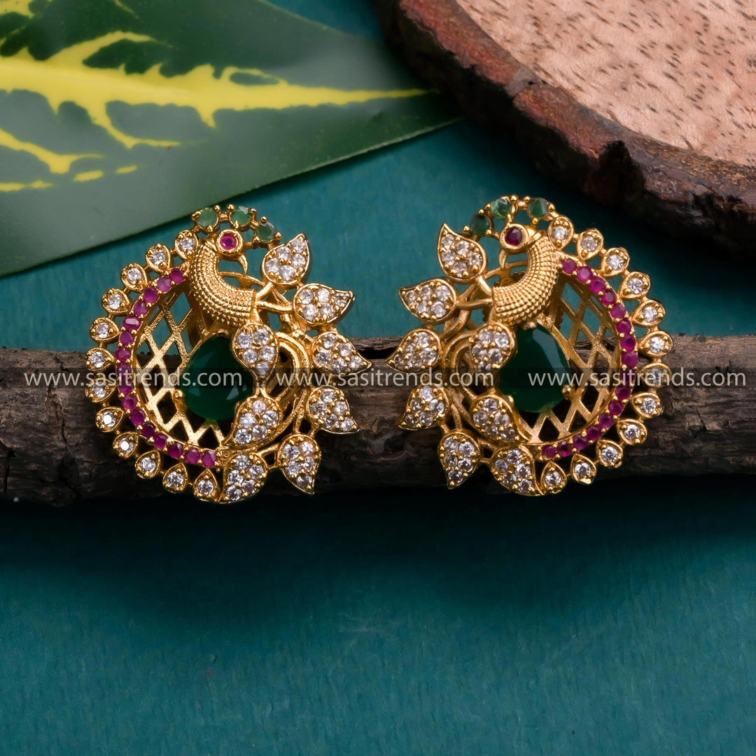 Traditional Temple Gold Plated Multi Color AD Peacock Stud Earrings for Women