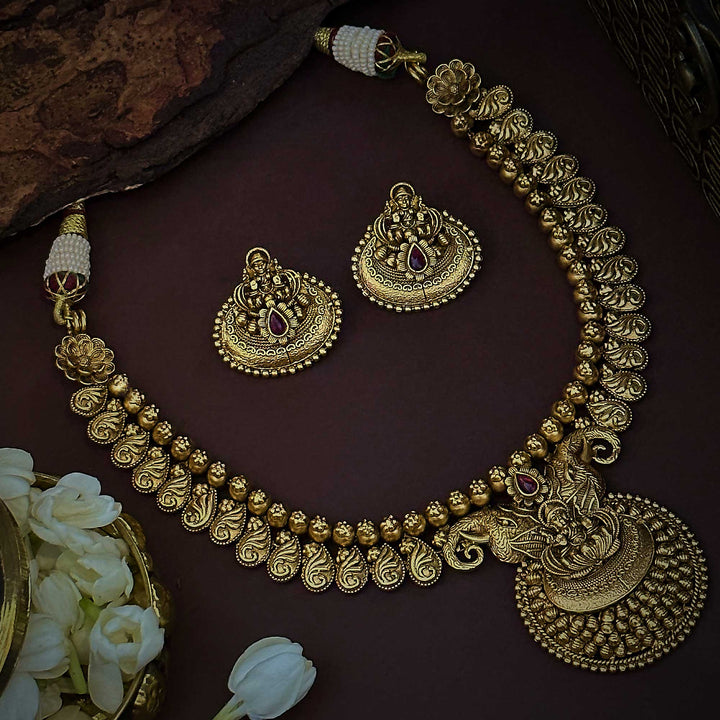 Antique Gold Tone Bridal Lakshmi Pendant Adjustable Necklace with Matching Earrings | Sasitrends