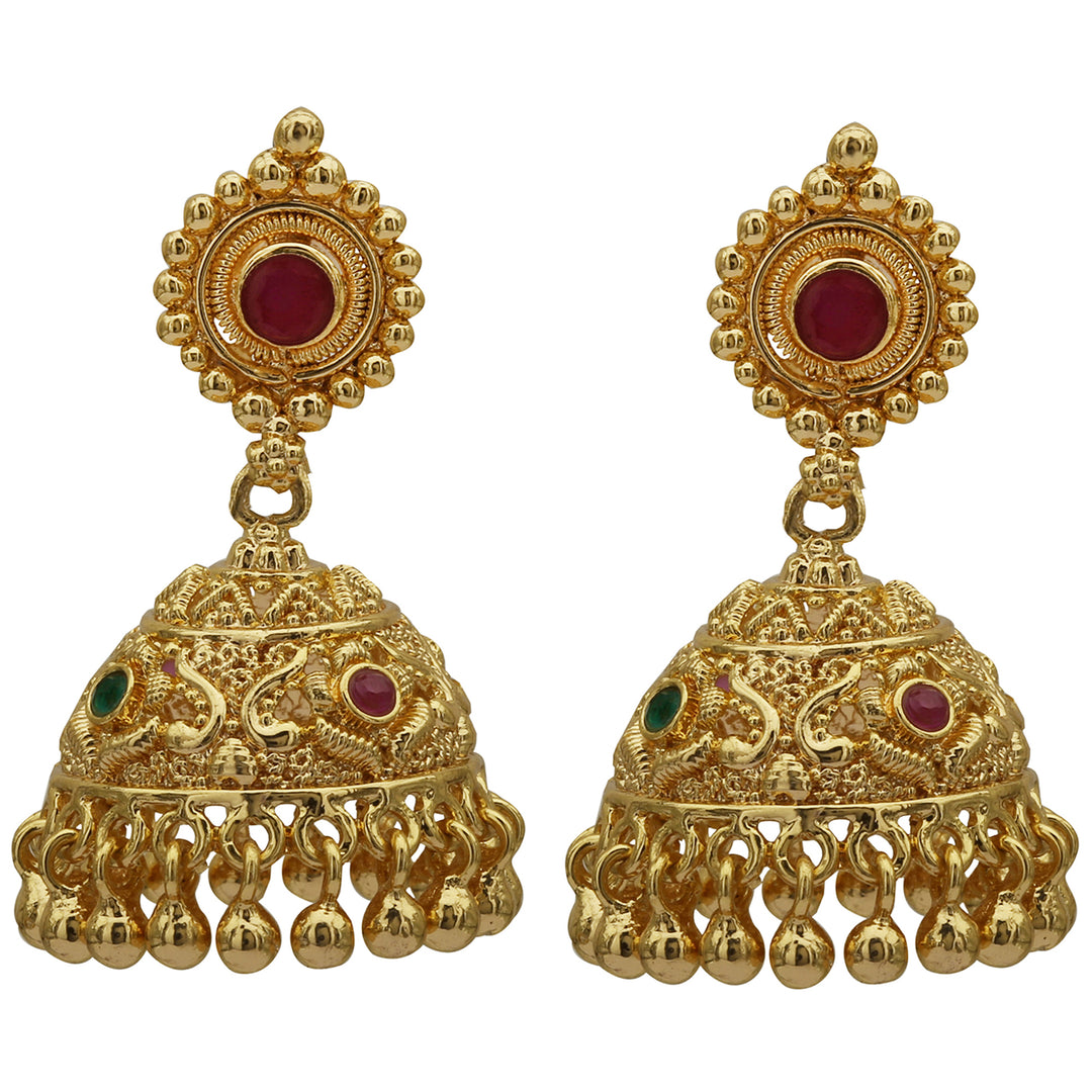 Latest Traditional Wear Micro Gold Plated Jhumkas with Floral and Peacock Pattern for Women