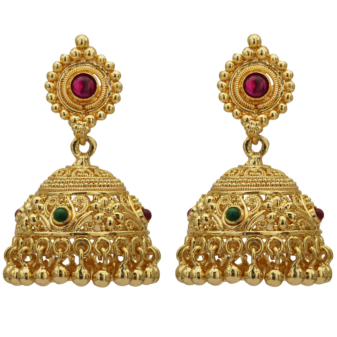 New Traditional Wear Micro Gold Plated AD Stone Jhumkas for Women - Brass, 24-Carat Gold