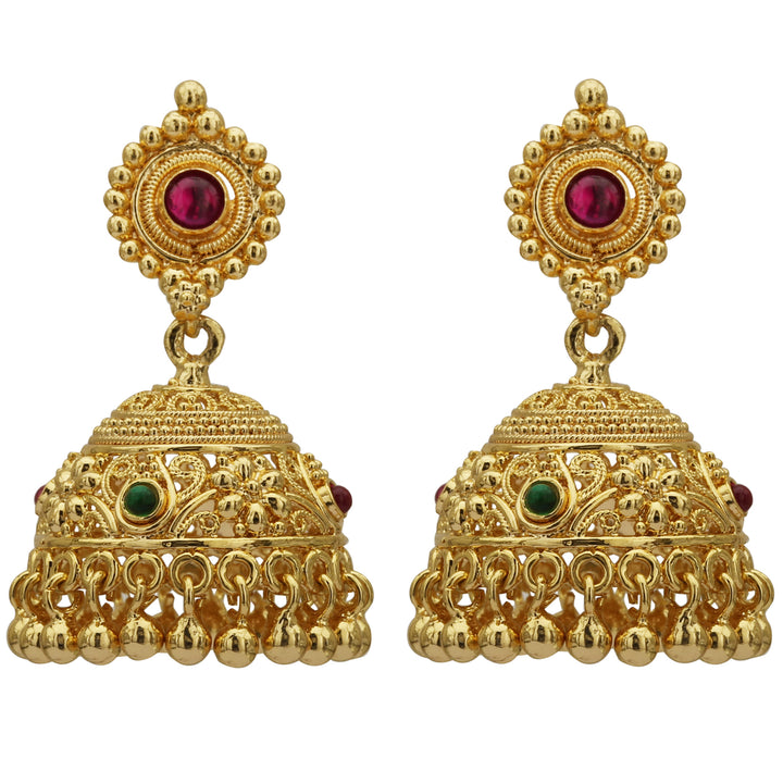 New Traditional Wear Micro Gold Plated AD Stone Jhumkas for Women - Brass, 24-Carat Gold