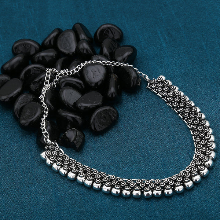 Madhura Crescent Ball Necklace in Oxidised Silver and Antique Gold