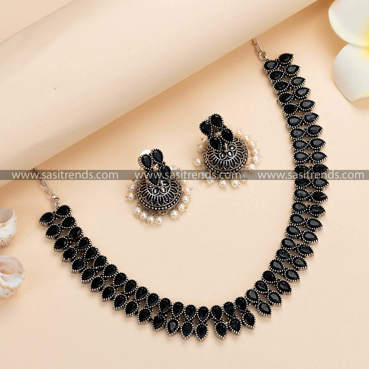 Trendy Oxidised German Silver Necklace with Pearl Jhumkas featuring Black Stone Accents - Elegant Statement Jewelry