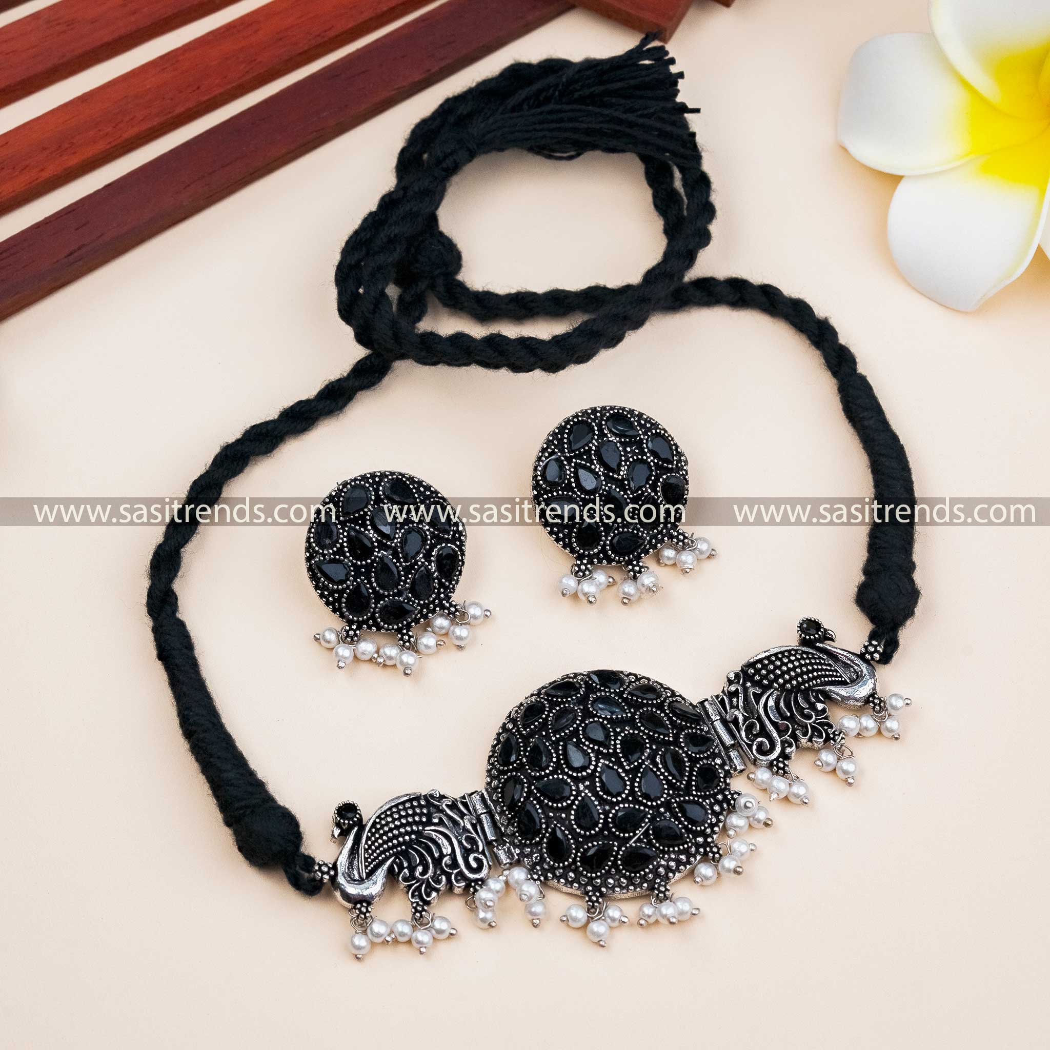 Stylish Black Peacock Design Oxidised German Silver Choker Necklace with Pearl Earrings