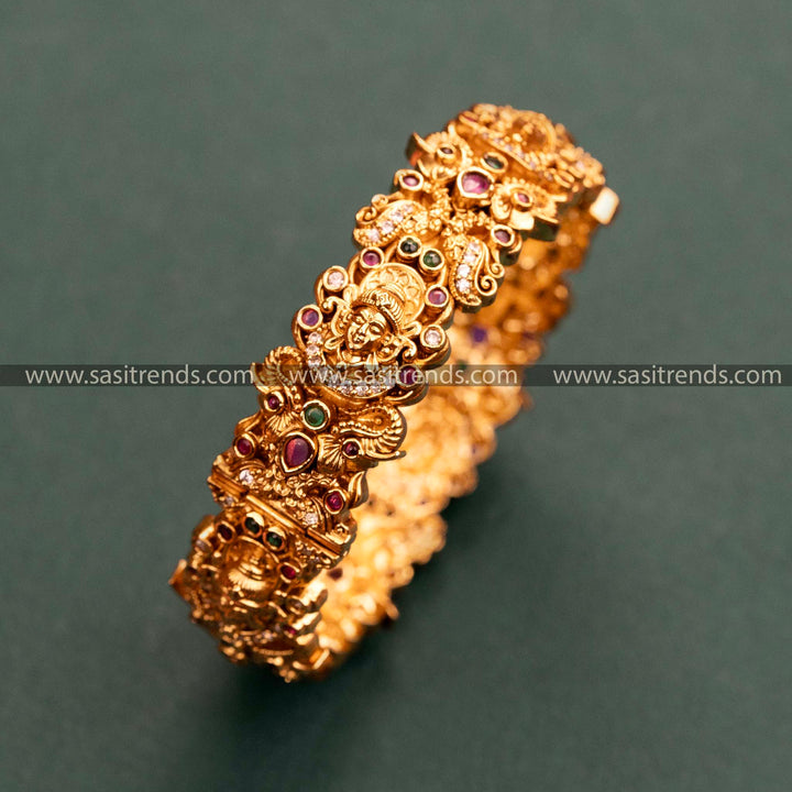 Lakshmi Peacock Kada Bangle - Temple Gold Finish, Ruby-Green Synthetic Stones, Traditional Bridal Jewelry for Women.