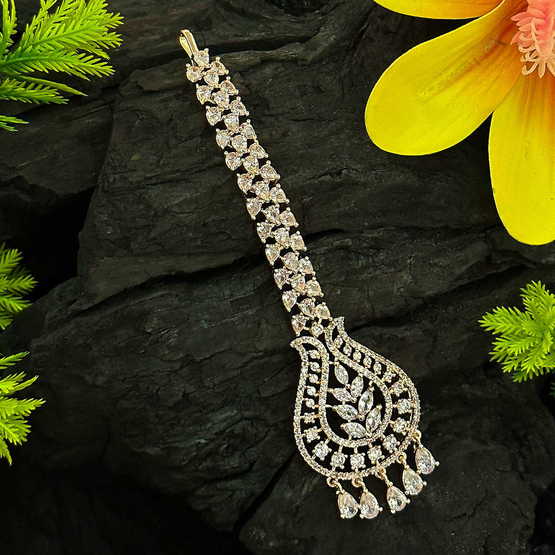 Floral Maang Tikka with Rose Gold Plating and American Diamond Stones